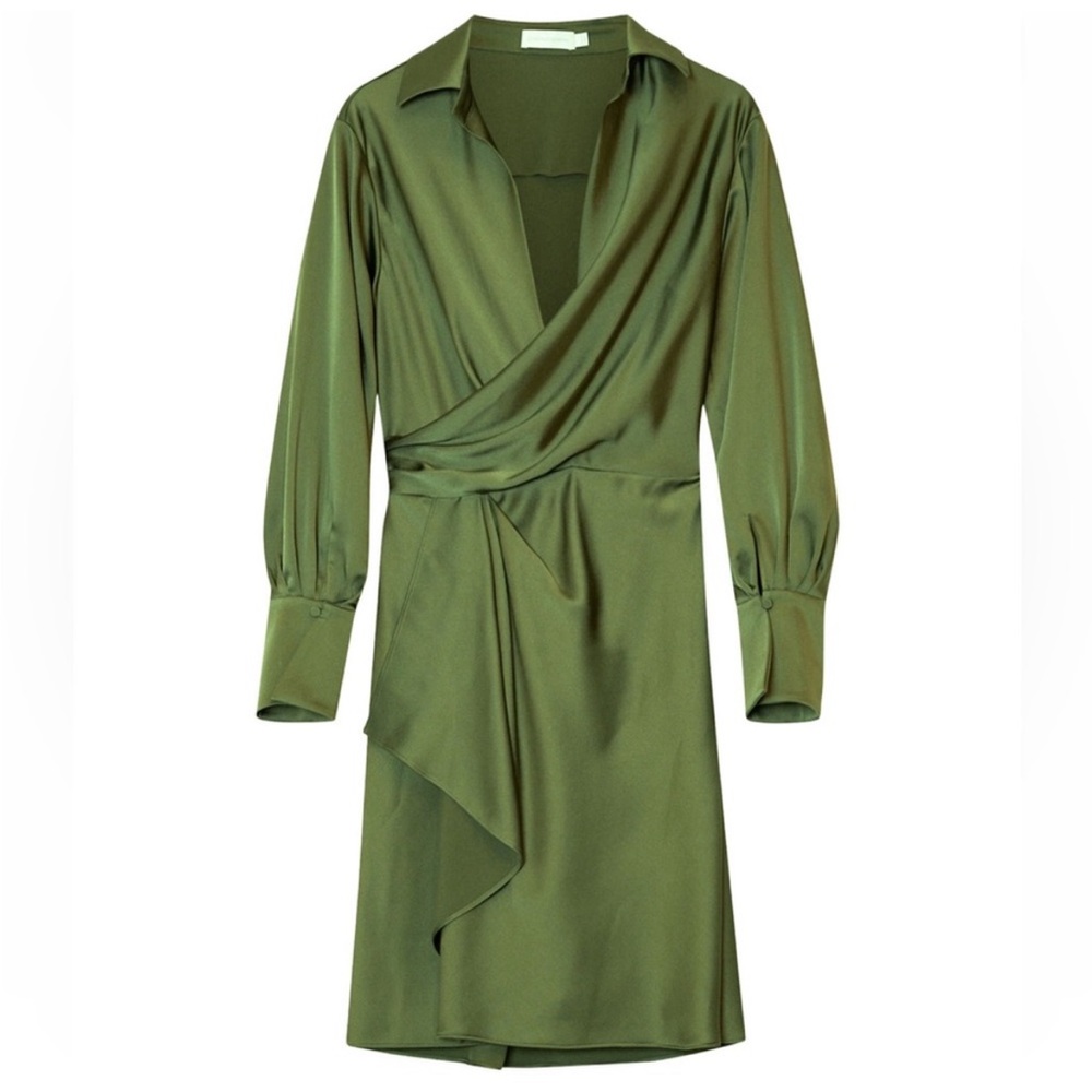 🕶️SIMKHAI Talita Draped Long Sleeve Faux Wrap Dress Olive green L (10/12) NWOT